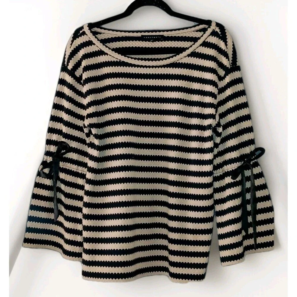 Sanctuary Breton Stripe Sweater L Black Cream Bell Sleeve Parisian Style